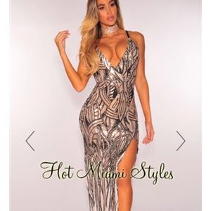 Hot Miami Styles Rose Gold Sequin Slit Evening Dress